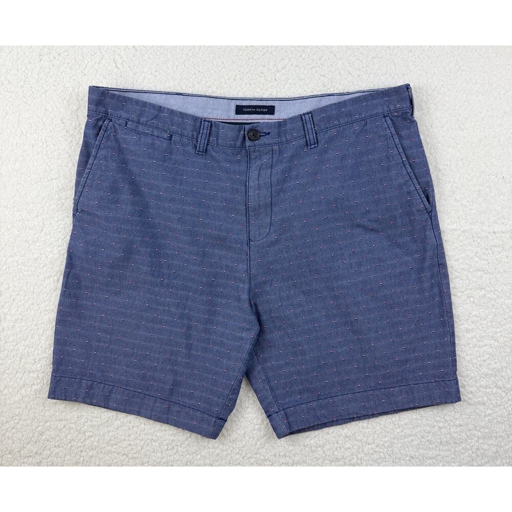 Tommy Hilfiger Shorts Men 38 Blue Chambray Cotton Chino All Over Flag Pattern 8”